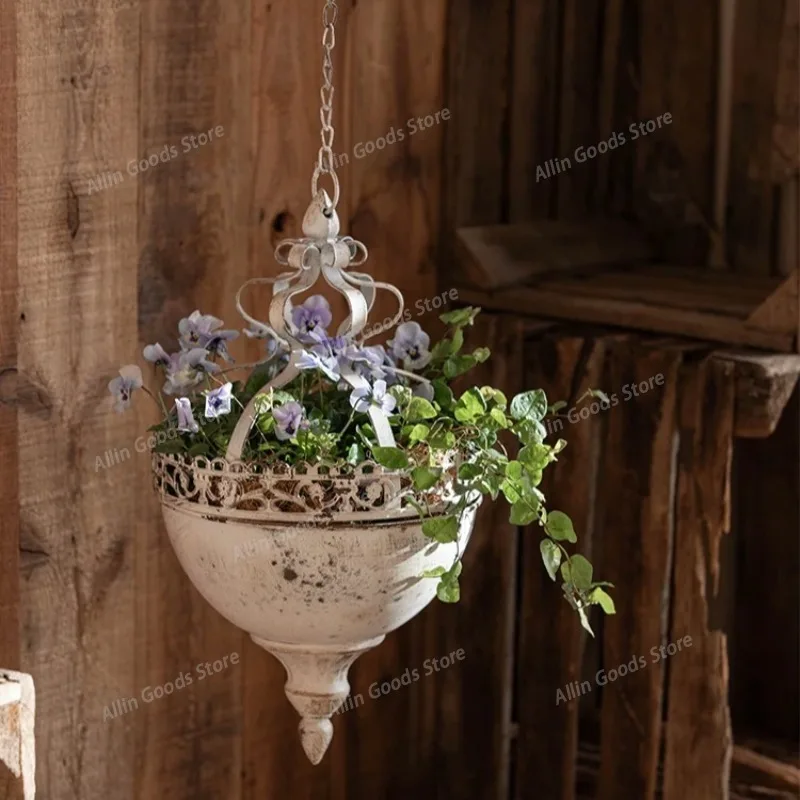 Creative Metal Iron Hanging Flower Basket Suspended Plant Planter Outdoor Courtyard Corridor Garden Balcony Green Plant Decor Po