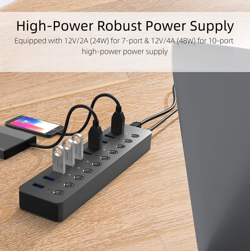 Factory Wholesale Aluminum High Speed 5Gbps 10 Port USB 3.0 Hub Splitter 36W Power Adapter in Stock