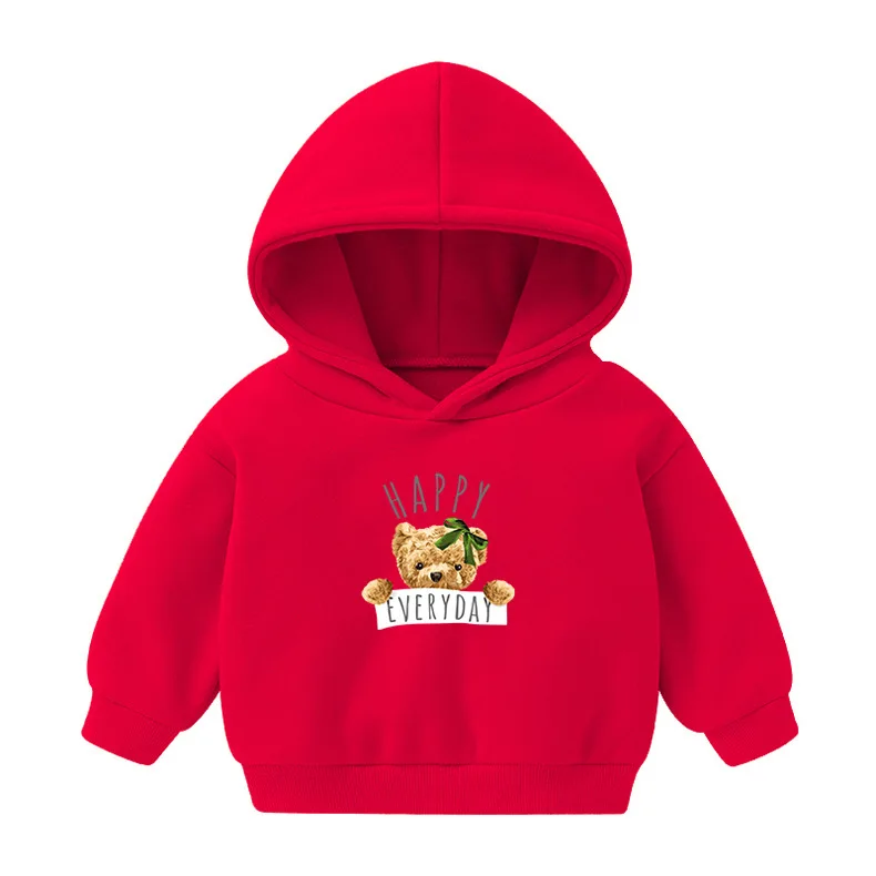 Cartoon Print Red Solid Hooded Sweater Kid Soft Clothing Fall Winter Boy Girl Long-sleeved Tops Children Pullover New Sweatshirt