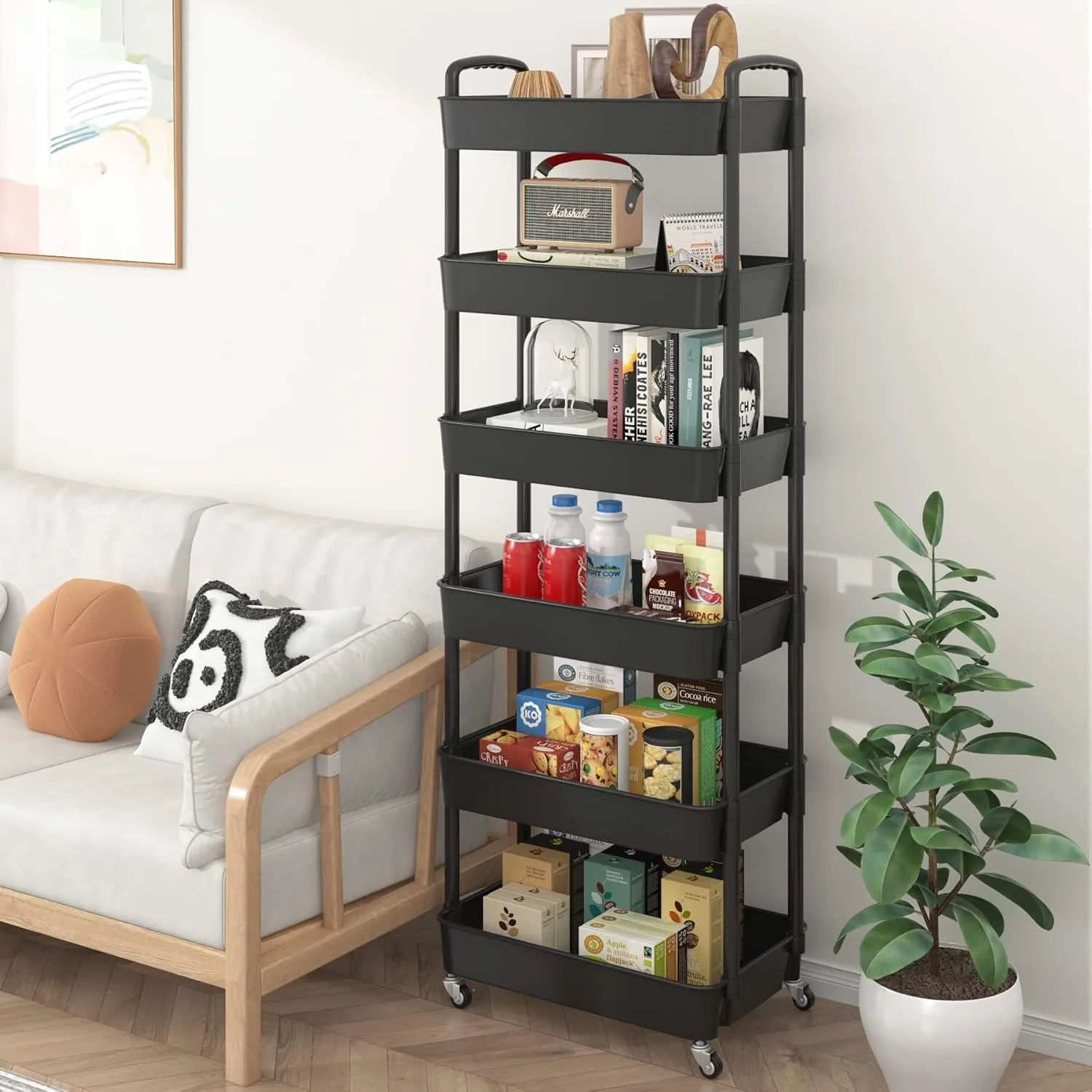 6-Tier Plastic Rolling Utility Cart with Handle, Multi-Functional Storage Trolley for Office, Living Black
