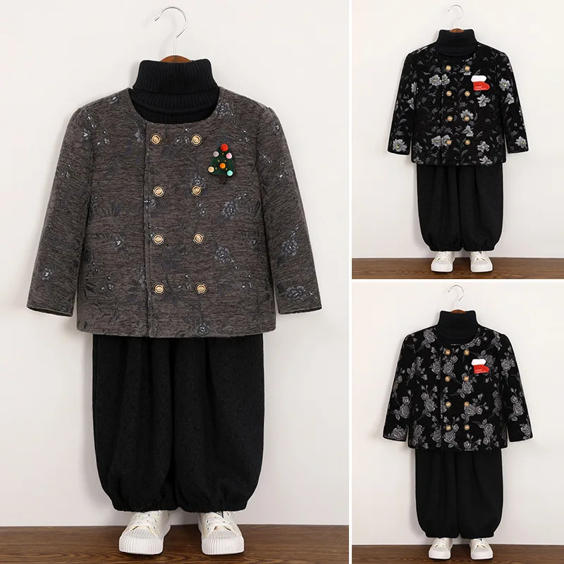 Boys Designer Blazer Set Double Breasted Retro Pattern Jacket with Loose Balloon Pants Brooch School Kids Fashion Outfit 2-12Y