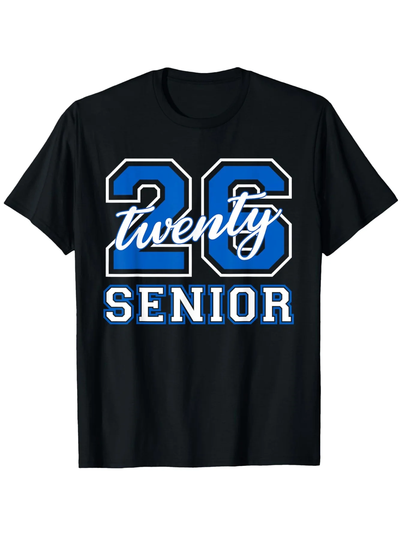 Trendy Men's Black Graphic T-Shirt Blue 26 Senior Script Number Varsity Letter Print Graduation Style 100% Cotton Heavyweight Short Sleeve Casual Streetwear Tee