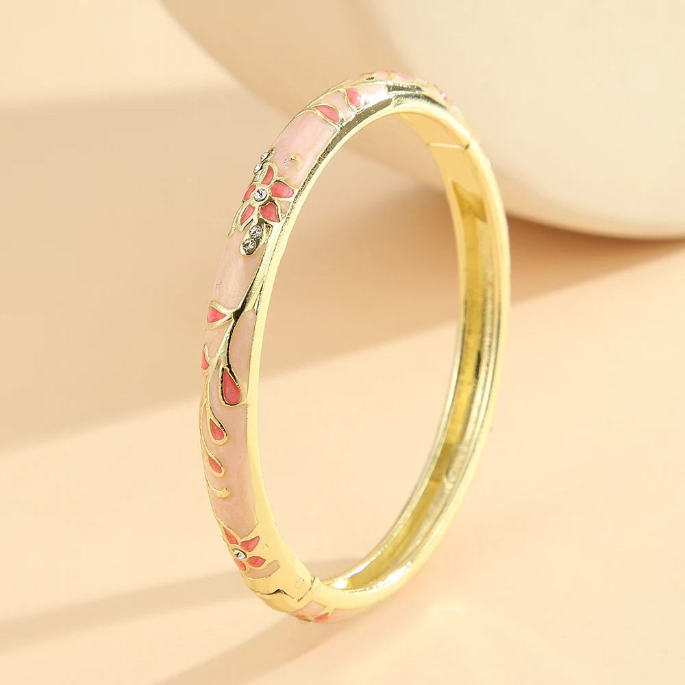

Fashion style gold plated flower pattern rhinestone enamel cloisonne bracelet bangle jewelry gift item for girls women