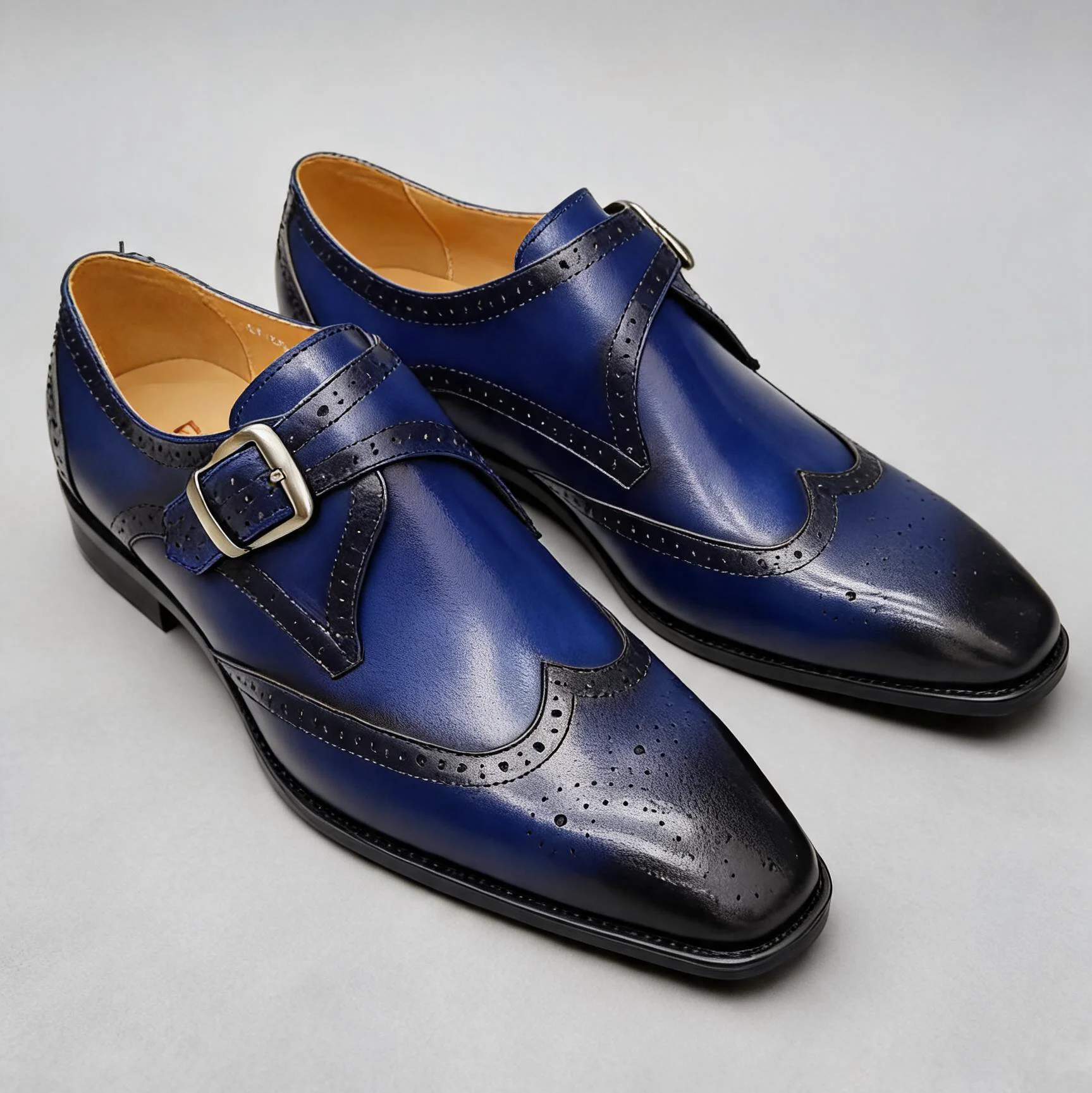 Elegant Men's Genuine Leather Monk Strap Dress Shoes Single Buckle Blue Black Loafer Brogue for Party Wedding Formal Occasions