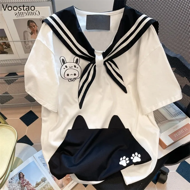 

Японские кавайные милые футболки в стиле Лолиты, женские милые футболки с матросским воротником и милым мультяшным принтом, свободные повседневные топы для девочек Y2k, эстетические футболки