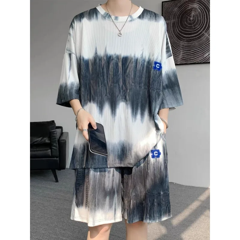 

Tie-dye Lightweight Sports Suit for Men's Summer O-neck Short Sleeves with Casual Elastic Shorts Loose Fashionable Two-piece Set
