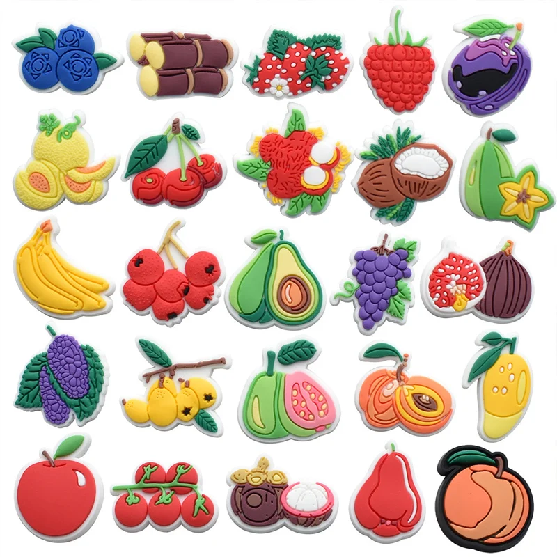 

25Pcs PVC fruit series apple lemon pear watermelon pinable orange shoe buckle charms accessories decorations for sandals clog