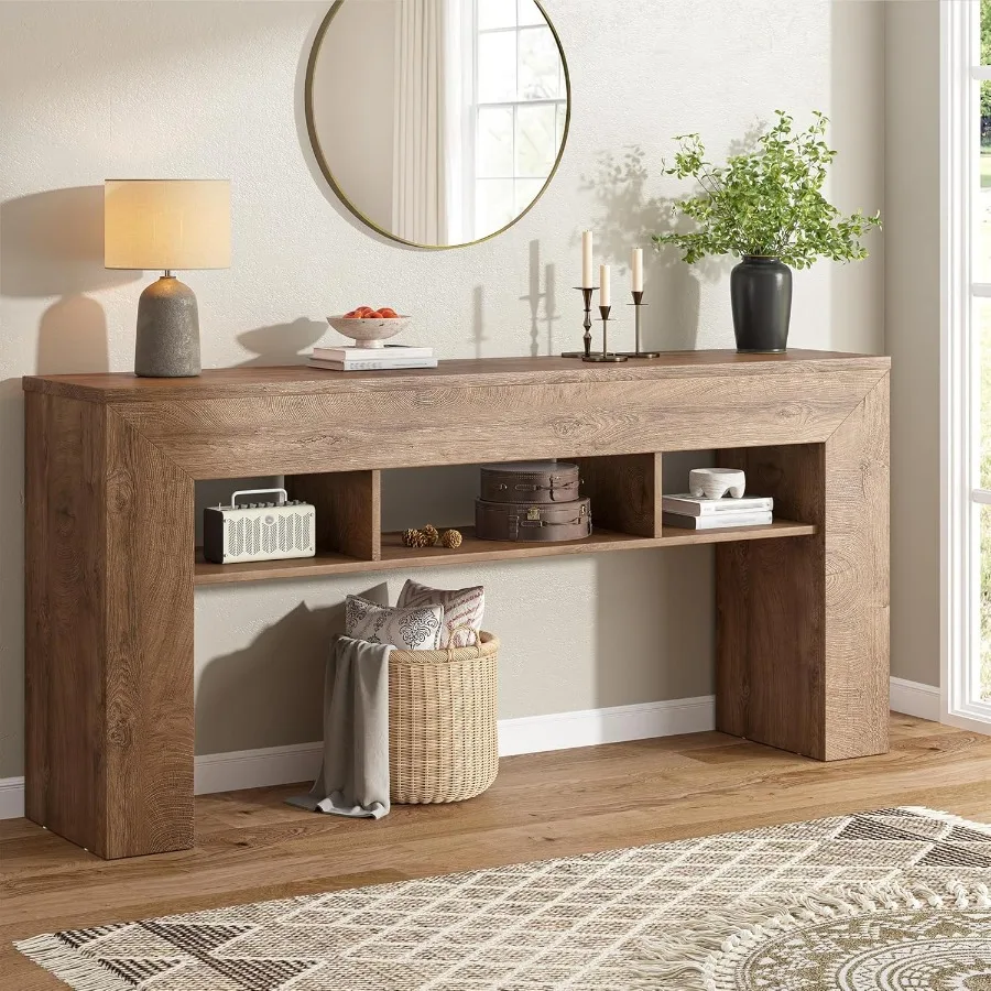 طاولة وحدة تحكم طويلة 63 بوصة للمدخل مع 3 أرفف تخزين مفتوحة وطاولة أريكة خشبية خلف الأريكة وممر المزرعة Ta