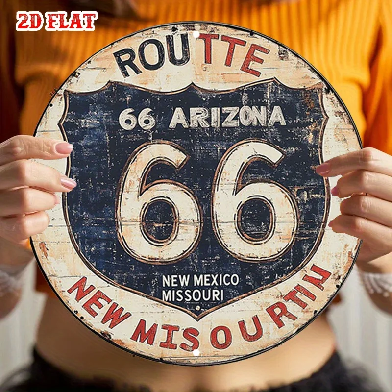 قطعة واحدة من لوحات فنية جدارية معدنية على الطريق العتيق 66 - لافتة ألومنيوم مستديرة مع قاعدة سوداء وتصميم درع أبيض، مظهر ريفي متماثل في الداخل