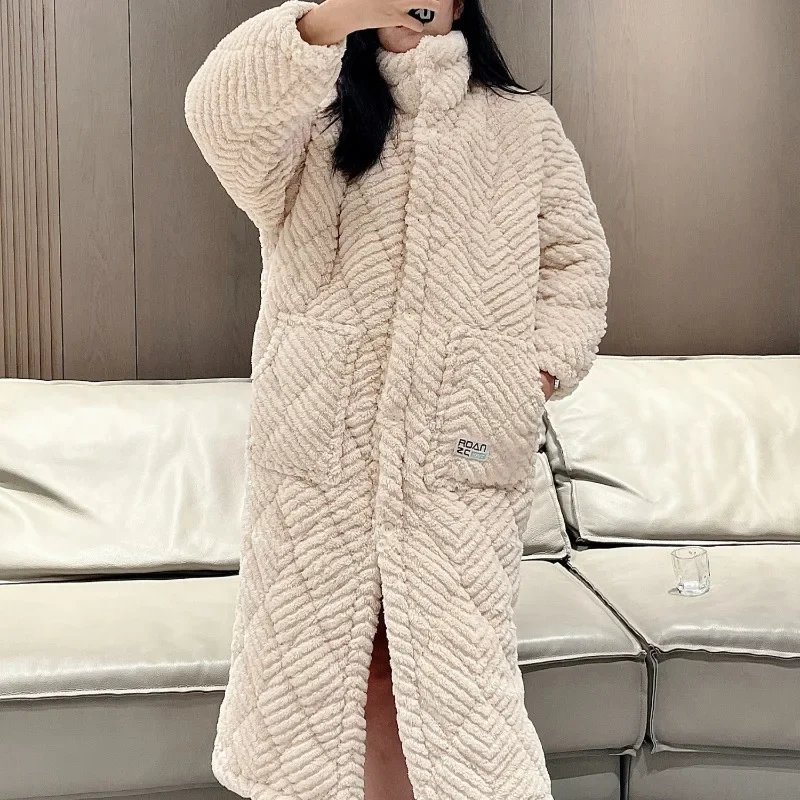 Pajamas Female Wintertime Medium-length New Model 2024 Night Gown Three Layers of Cotton Intensification Hooded Loungewear