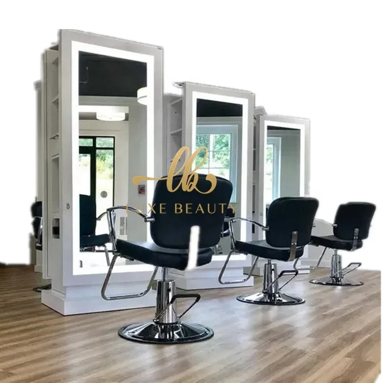 

2023 Luxury beauty salon equipment barber station gold stainless steel light smart beauty salon mirrors led tv on hair salon