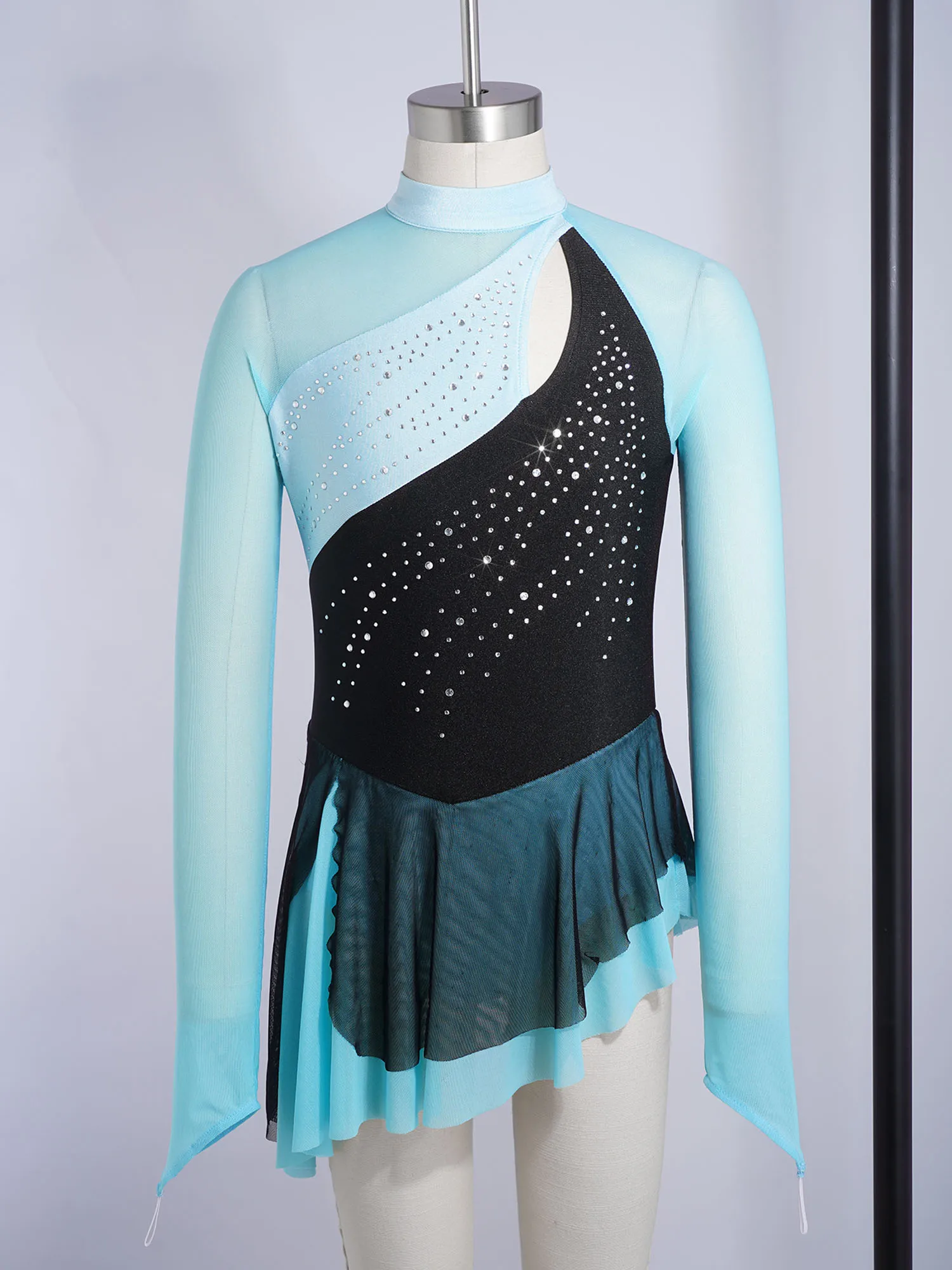 Kids Girls Figure Skating Lyrical Contemporary Performance Costume Mesh Long Sleeve Rhinestones Dance Dress with Built-in Briefs