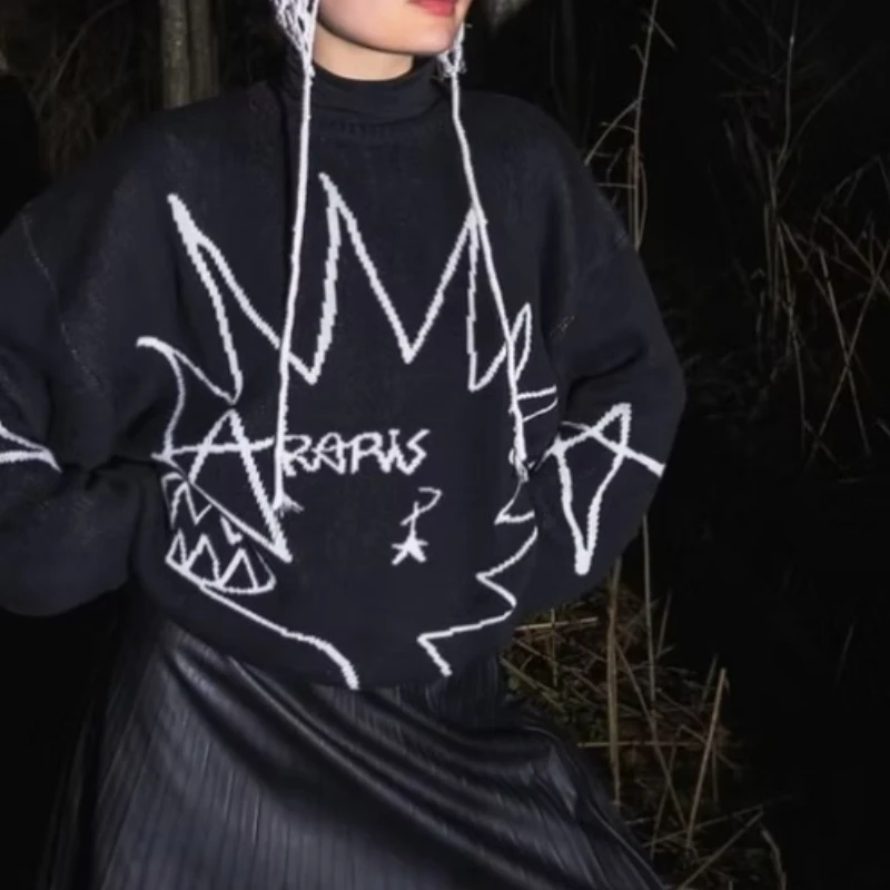 

Street fashion brand hip-hop ins cartoon round neck sweater loose knit pullover