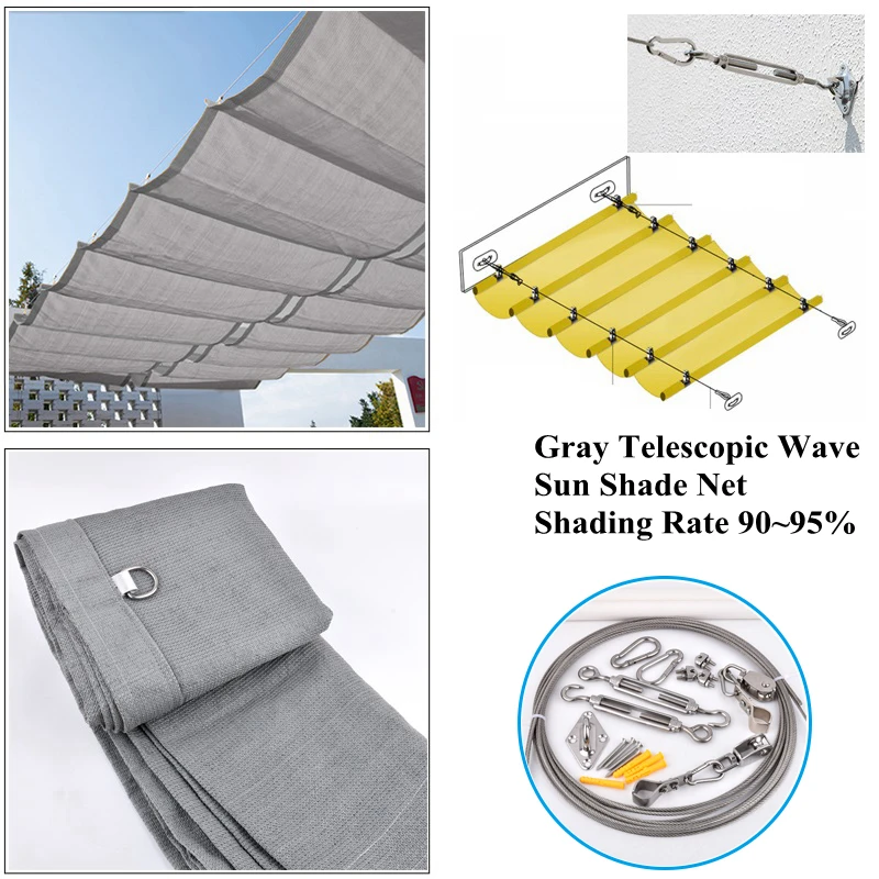 

Grey Customize Telescopic Wave Shade Net Outdoor Awning Courtyard Pavilion Sunshade Sail Sunshade Net Installation Accessories