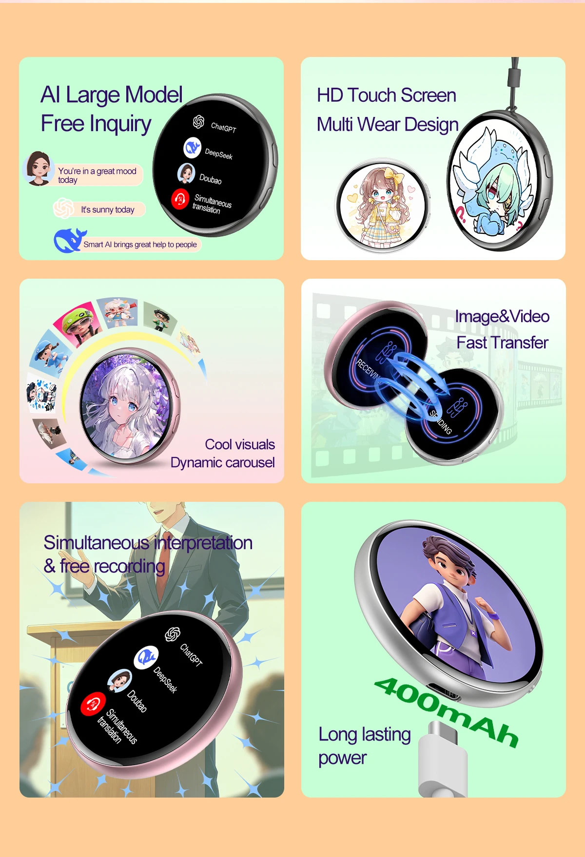 Picture 3: 1.7inch Dynamic Electronic Badge Anime AI Merchandise Digital Display Badge with Touch Control Uploading Photos GIFs and Videos