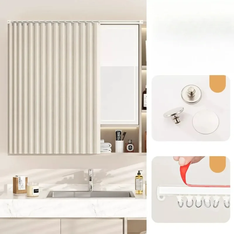 Solid Color Waterproof Bathroom Cabinet Pleated Curtain Privacy Protection Dustproof Foldable Modern Simple Style Home Decor