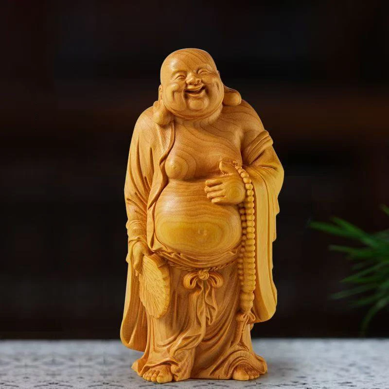 Wood carving Maitreya Buddha sculptures and figurines ，Chinese wooden  Home Room Office Table decoration and accessories