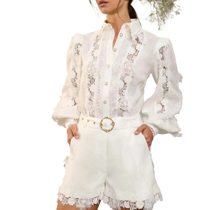 

Doris Fanny Solid Spliced Lace Two Piece Set For Women Lapel Long Sleeve Hollow Out Shirts High Waist Loose Shorts Sets Female