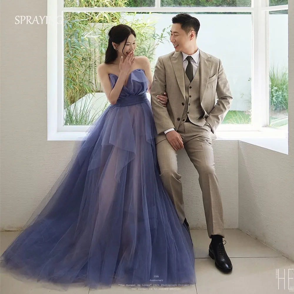 

SPRAYING Fairy Tulle Evening Dress Korea Wedding Photo Shoot Sweetheart Sleeveless A line Long Party Dress Corset Customized