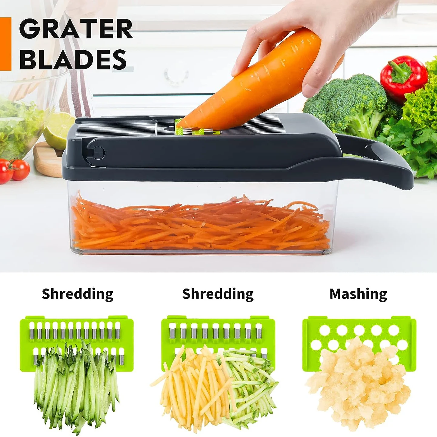 Professional Vegetable Cutter with Filter Basket, Onion Chopper, Carrot Potato Shredders, Garlic Grater, Kitchen Gadget, 12 in 1