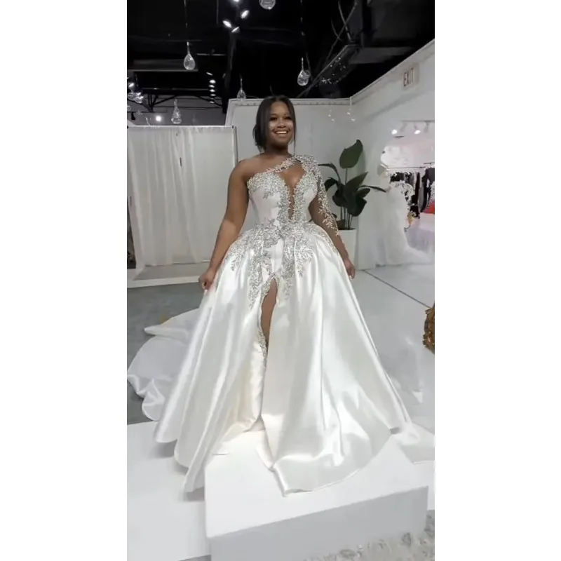 Customized  Beaded Crystals One Long Sleeves Wedding Dress With Detachable Train Satin Side Split  Bridal Gowns For Bride
