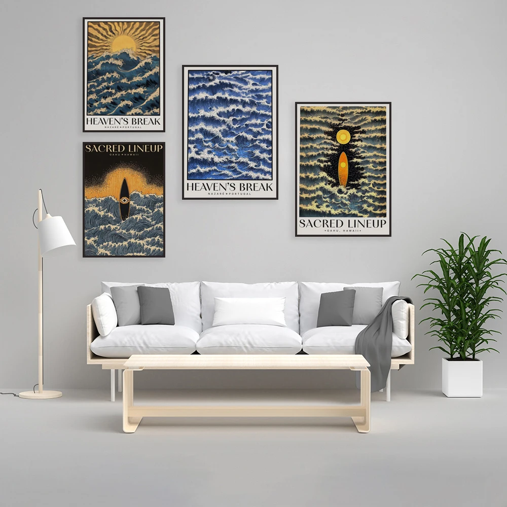 Surf print, sacred line-up, Nazaré Portugal, Oahu Hawaii, beach decor poster, ocean waves, spiritual print, ocean art
