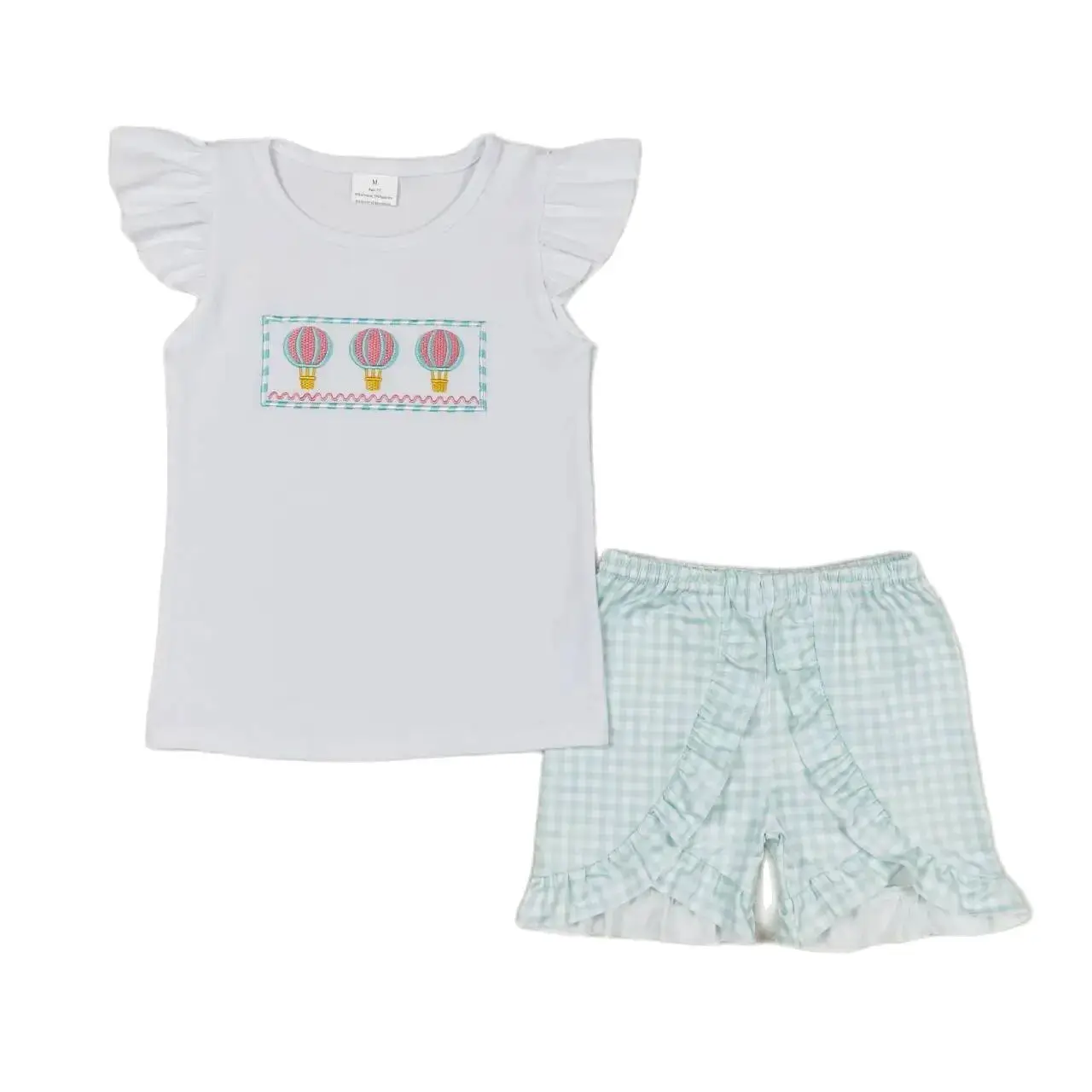 

GSSO0981 Kids Girls Summer Outfit Sets Flying Sleeves Top Embroidery Hot Air Balloon Print With Shorts Children Clothes