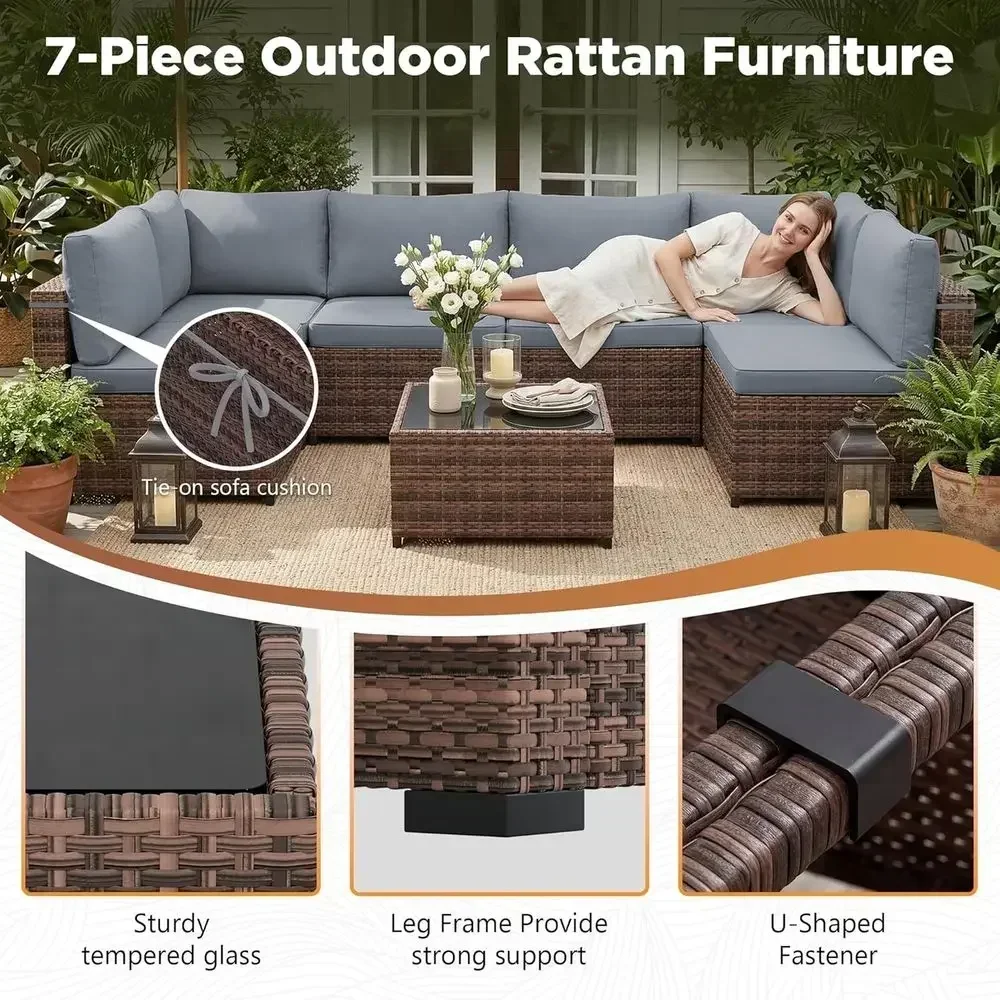 7-Piece Outdoor Wicker Rattan Patio Furniture Set with Rain Cover, Sectional Sofa with Coffee Table, Taupe-Blue