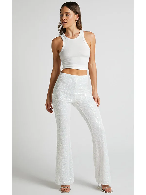 Damskie spodnie z wysokim stanem i szerokimi nogawkami, brokatowe spodnie codzienne, rozszerzane spodnie sceniczne, długie spodnie jesienno-zimowe, modne, z włókna poliestrowego.