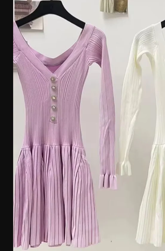 

Summer New Women Off-the-shoulder Knitted Dress Temperament Fashion V-neck One-line Shoulder Long-sleeved Women's Mini Robe