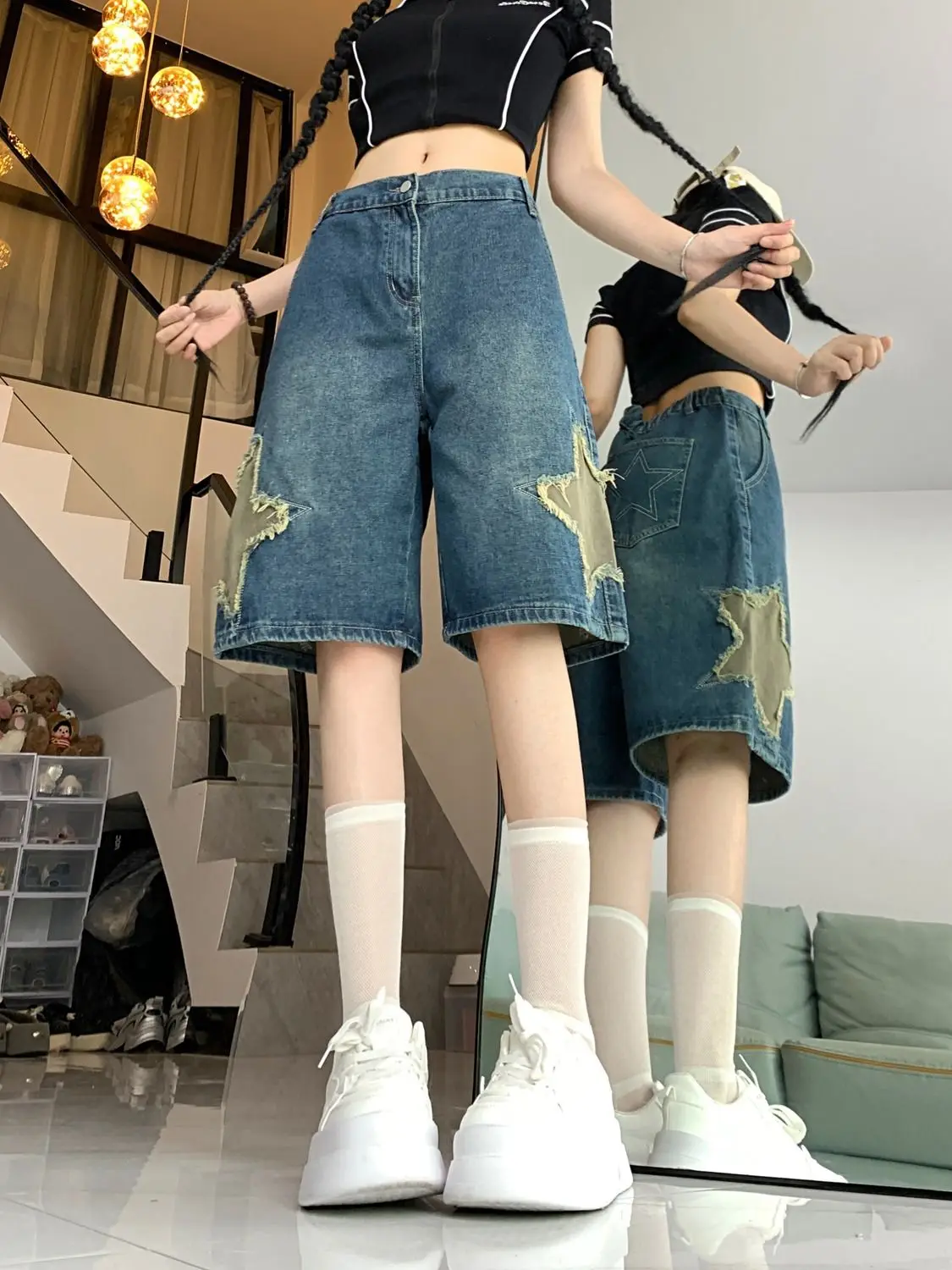 Pantaloncini di jeans ricamo Star Patch pantaloncini larghi Y2K Harajuku Retro Streetwear moda estiva pantaloni corti Casual blu