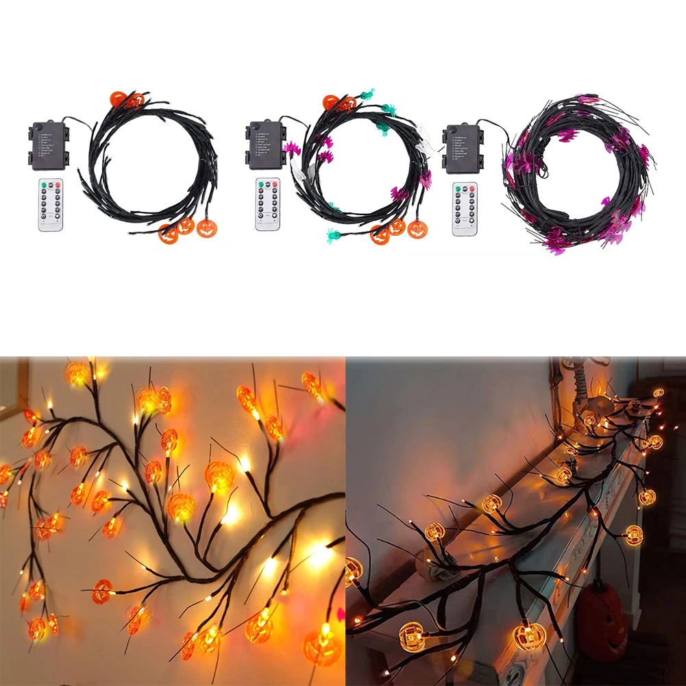 Luz de vid de sauce de Halloween de 6 pies y 54 LED con araña, murciélago, calabaza, 8 modos, funciona con pilas para interior, hogar, chimenea, ventana, pared