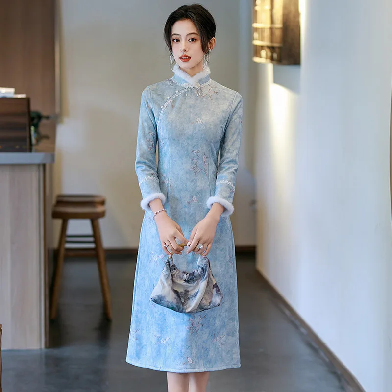 

Yourqipao Winter Blue Fleece-Lined Thickened Long-Sleeved Cheongsam Fashion Elegant Qipao Chinese Style Evening Dress for Women