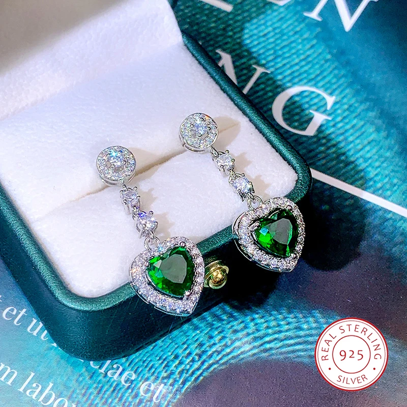 New 925 Silver Temperament Heart Emerald Tourmaline Long Earrings Retro Jewelry Wedding Party Gift For Women