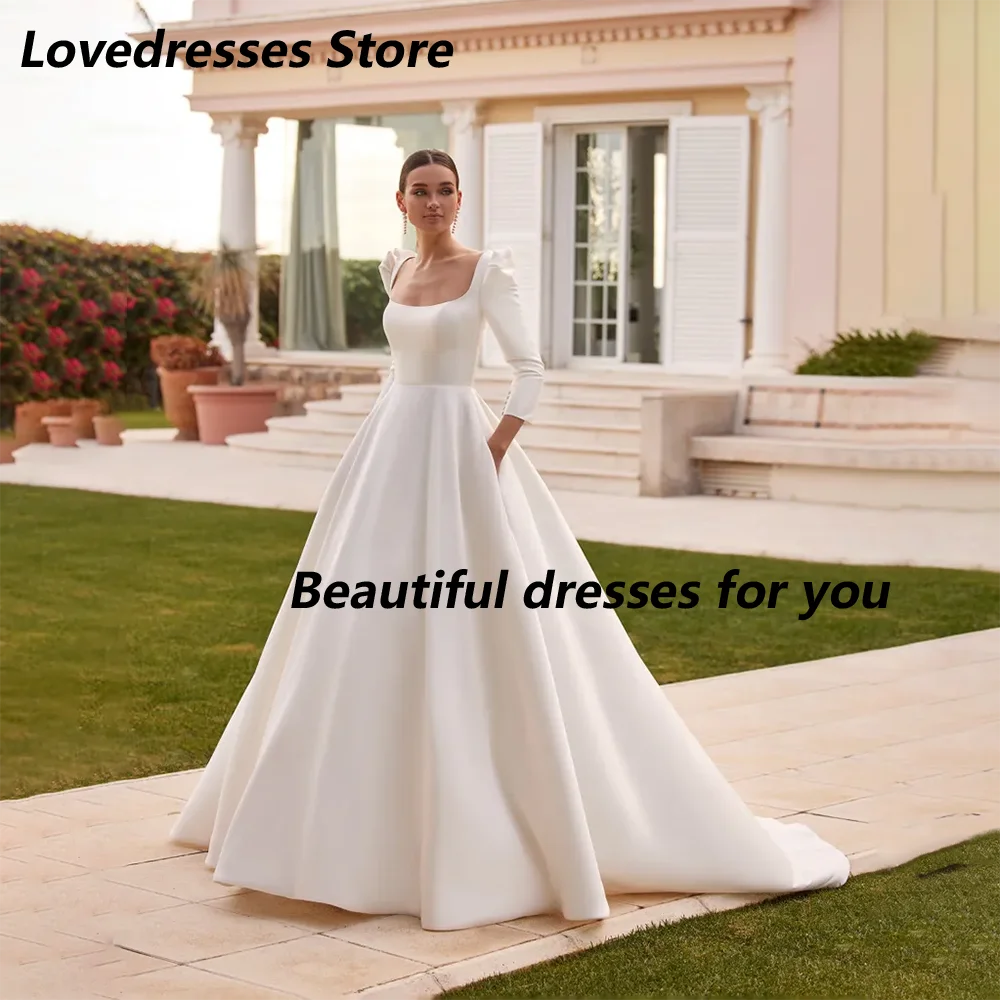 

Elegant Wedding Dress Customized Square Neck 3/4 Sleeves Simple Bridal Gown for Woman Weep Train A Line Crepe Bride Dresses