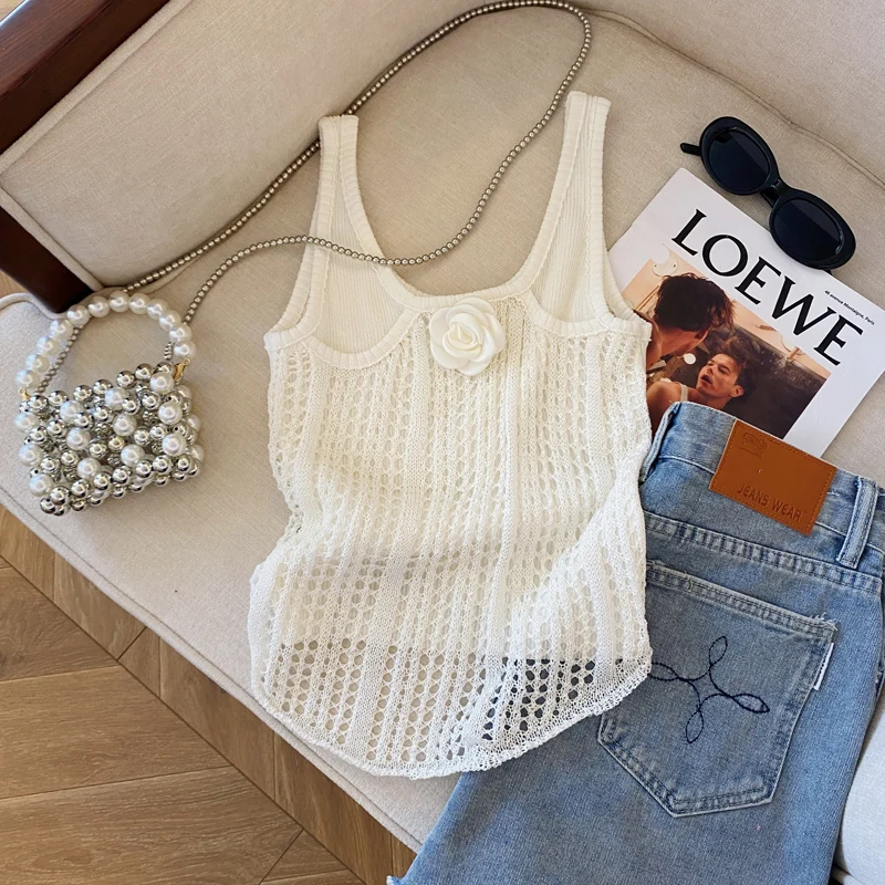 

Summer Hotsweet Hollow Out Patchwork Fake Two Pieces Sleeveless Tank Tops Women Fashion Solid Slim Knit Vest