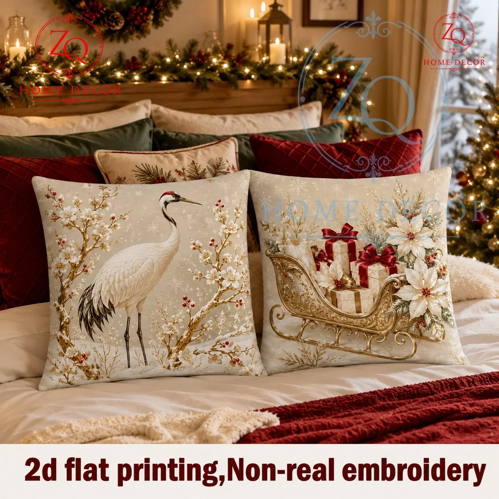 Vintage Christmas Cream White Crane  Sleigh Throw Pillow Covers 18x18 Inch Winter Holiday Cushion Cases  Living Room Decor