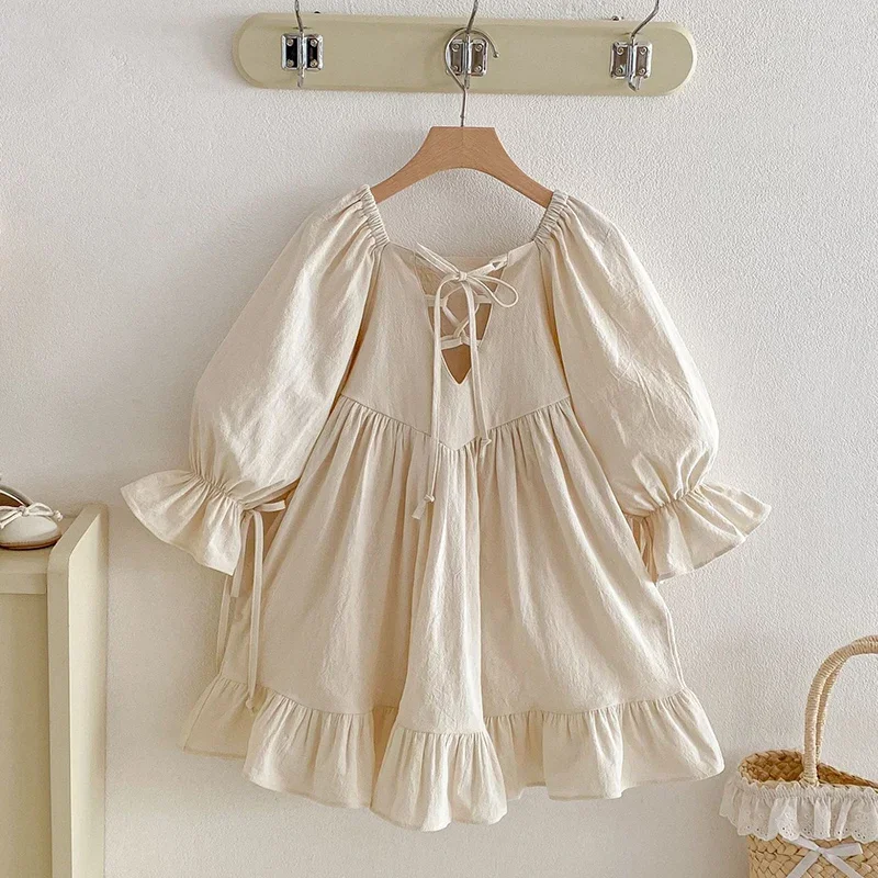 2026 New Spring Children Clothes Kids Princess Dresses Long Sleeved Cotton Solid Color 2-6Yrs Baby Girl Birthday Party Dress