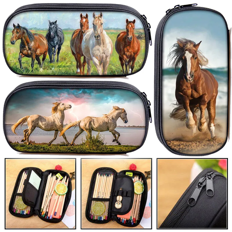 Funny Animal Friesian Horse Pattern Pencil Case Women Pencil Bags School Supplies For Teenage Boys Girls Pencil Pouch Stationery