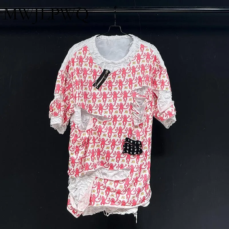 

MWJLPWQ 2025 New White Printed Short Sleeve Casual T-shirt Men's Hollow Out Niched Design Women Pullover Loose Tops Trend 010962
