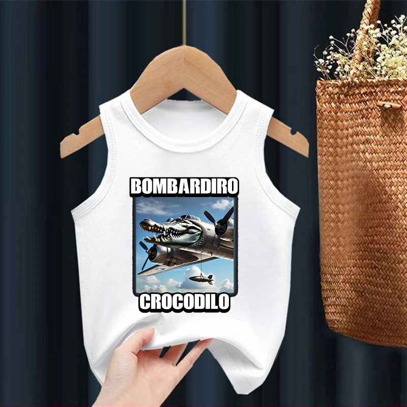 Tank Top Brainrot Italia untuk Anak-anak Kaus Lucu Gambar Kartun Anime Kaus Tanpa Lengan Fashion Luar Ruangan Pantai Anak Laki-laki Perempuan