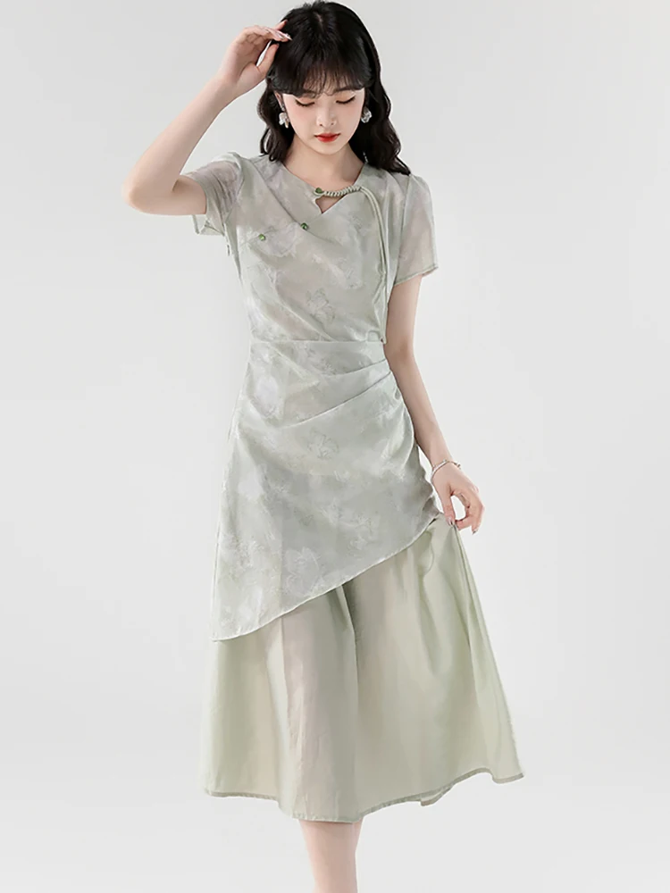 女性用グリーンジャカードパッチワークフェイクツーピースドレスサマープリーツボディコンカジュアルドレス2025韓国エレガントフェスティバルパーティードレス