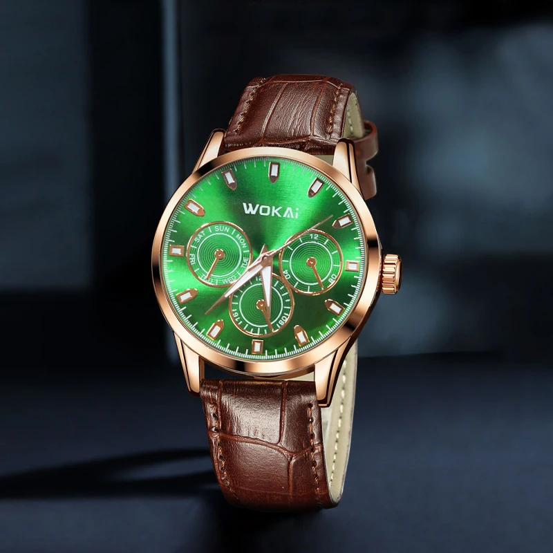 WOKAI high quality fashion waterproof quartz band waterproof Wrist watch Business Green Three Eyes Student Clock retro