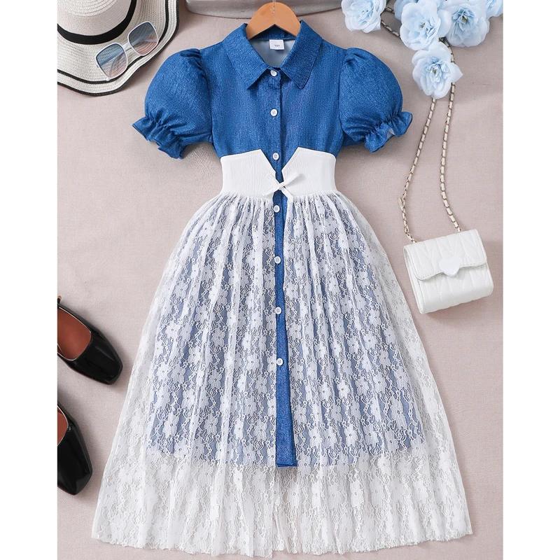New Summer Princess Dress Collar Design Lantern Sleeves Lace Casual Dress For Kids Children Birthday Present