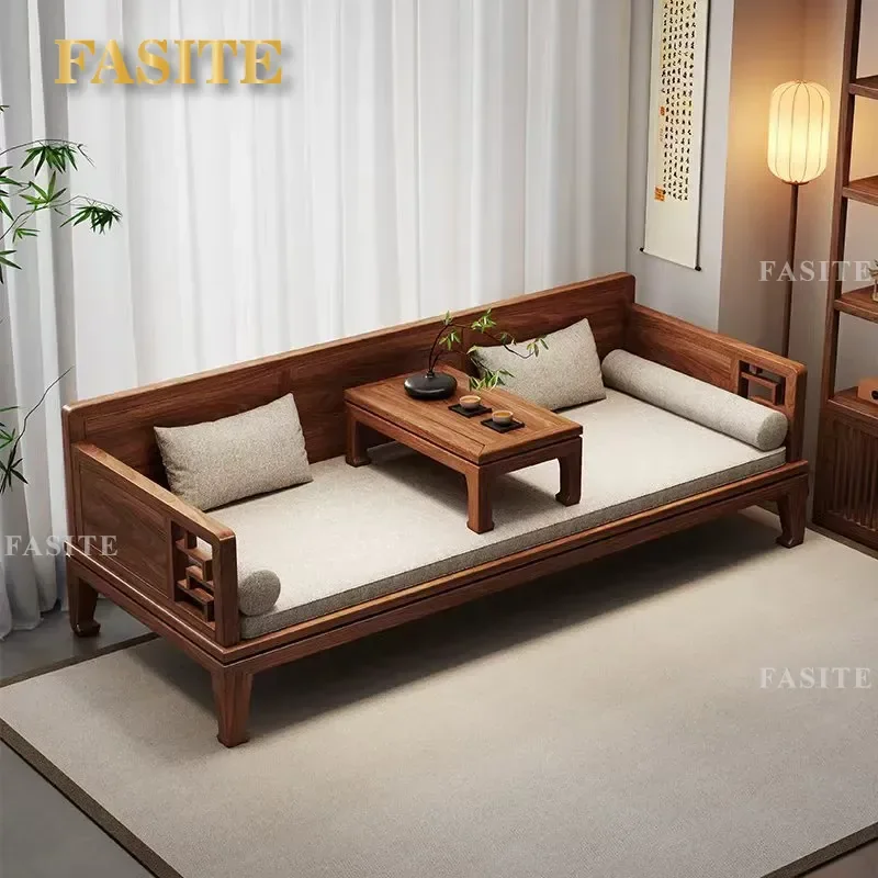 For New Chinese Style Walnut Solid Wood Arhat Bed Simple Zen Living Room Inline Sofa Winter Summer Dual Purpose Furniture