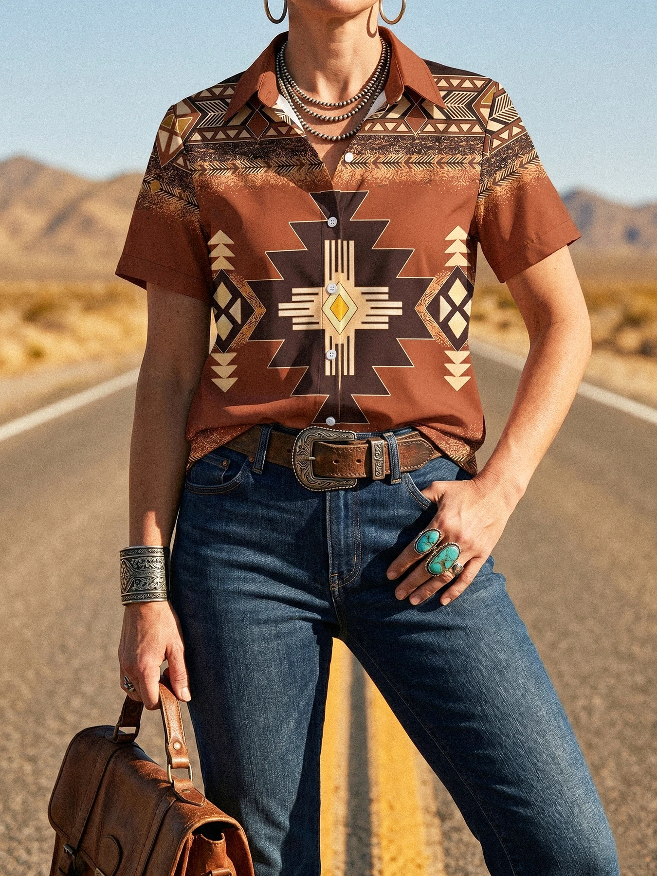 

Western leisure vacation ethnic style geometric print three-quarter sleeve trumpet sleeve women's shirt