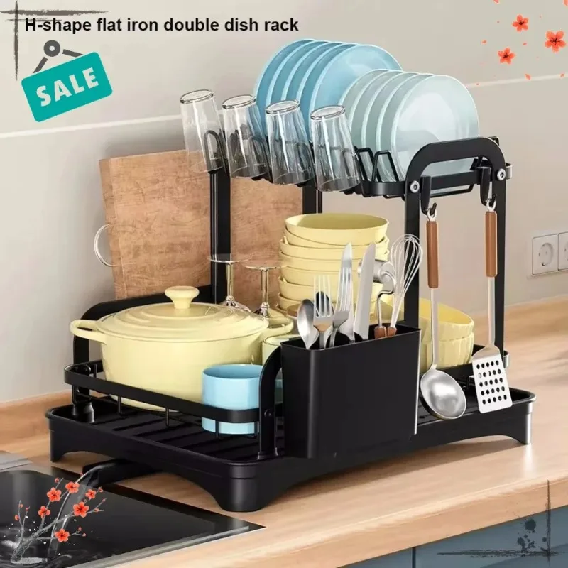 

Двухуровневая сушилка для посуды с корзиной для слива воды, настольная подставка для хранения столовых приборов, дренажная подставка для домашнего использования