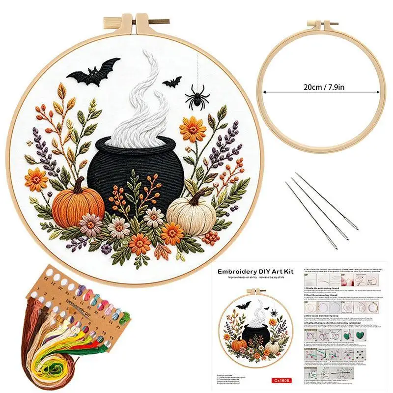 Kürbis-Skelett-Stickset mit englischer Anleitung, Faden, bedrucktem Stoff mit Muster, Set für DIY-Geschenk – Detail 4