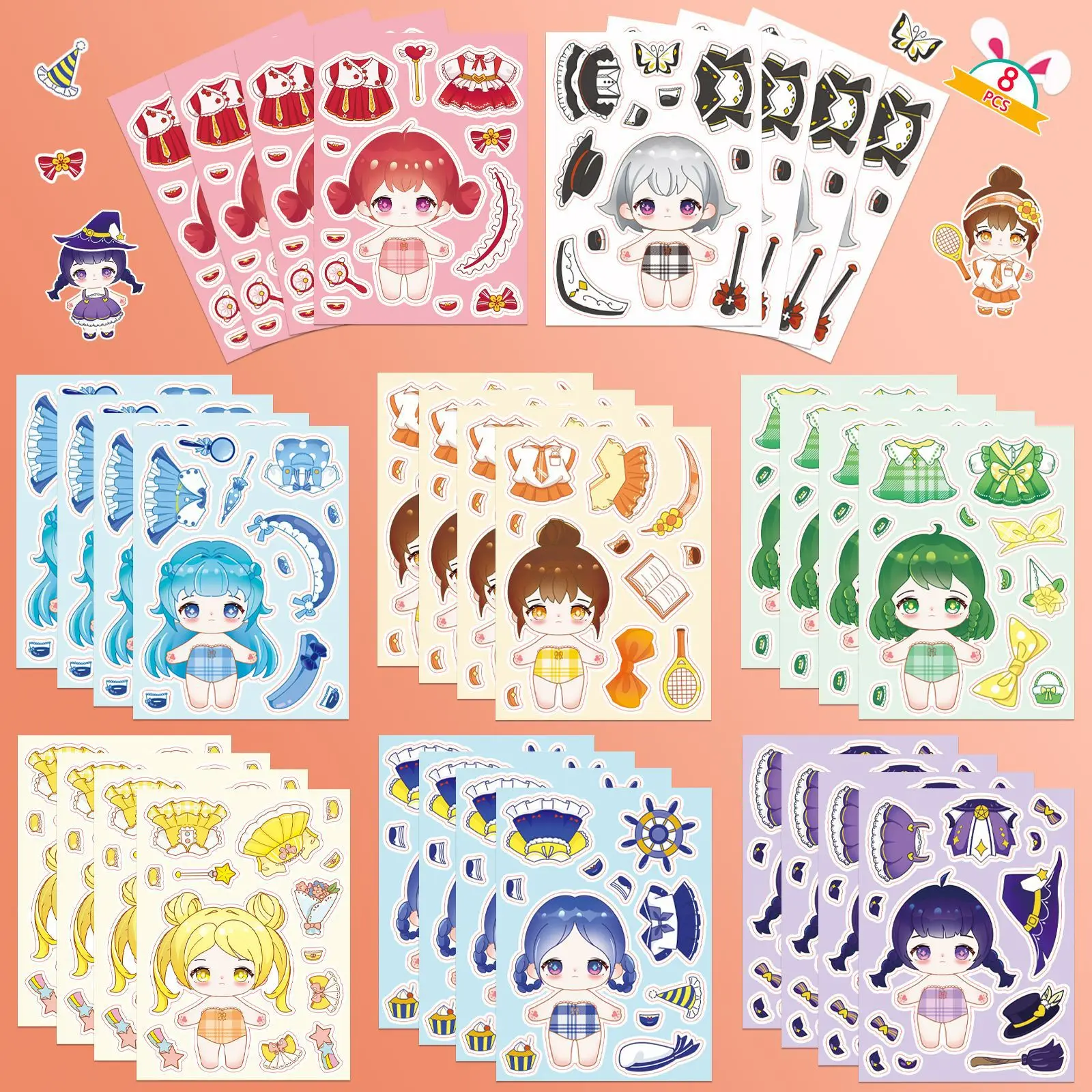 8 arkuszy naklejek z kreskówkowymi postaciami w stylu Q, bawełniane lalki, puzzle DIY, gra w przebieranki, naklejki na twarz, kreatywna interakcja rodzic-dziecko, seria kreskówkowa