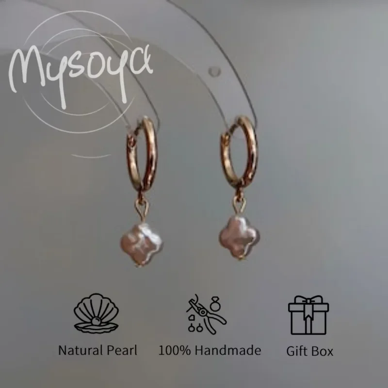 

MYSOYA White Four-Leaf Baroque Freshwater Pearl Pendant Earrings 9-10mm With Gift Box For Her/Him Birthday/Wedding Gift